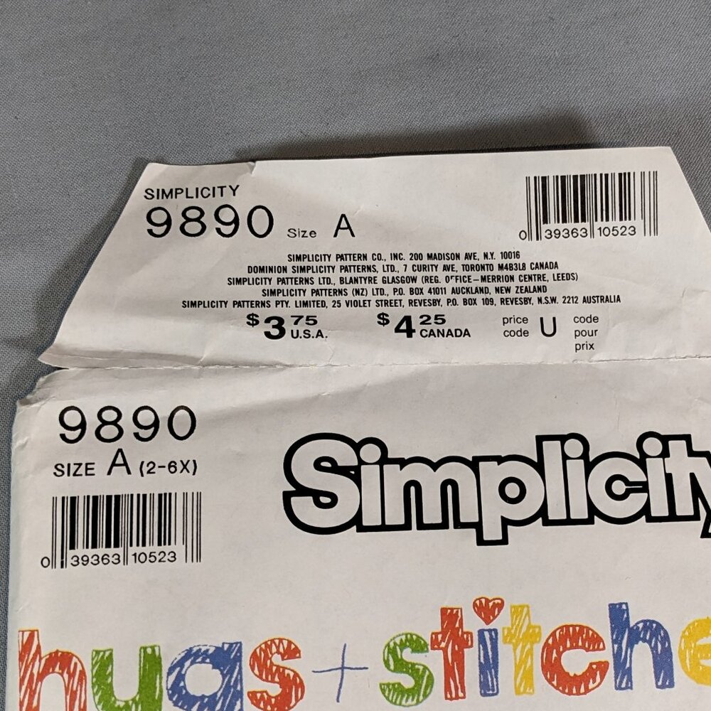 Simplicity pattern 9890 hugs + stitches size A VINTAGE! 1990 NEW/UNCUT! - Picture 8 of 12